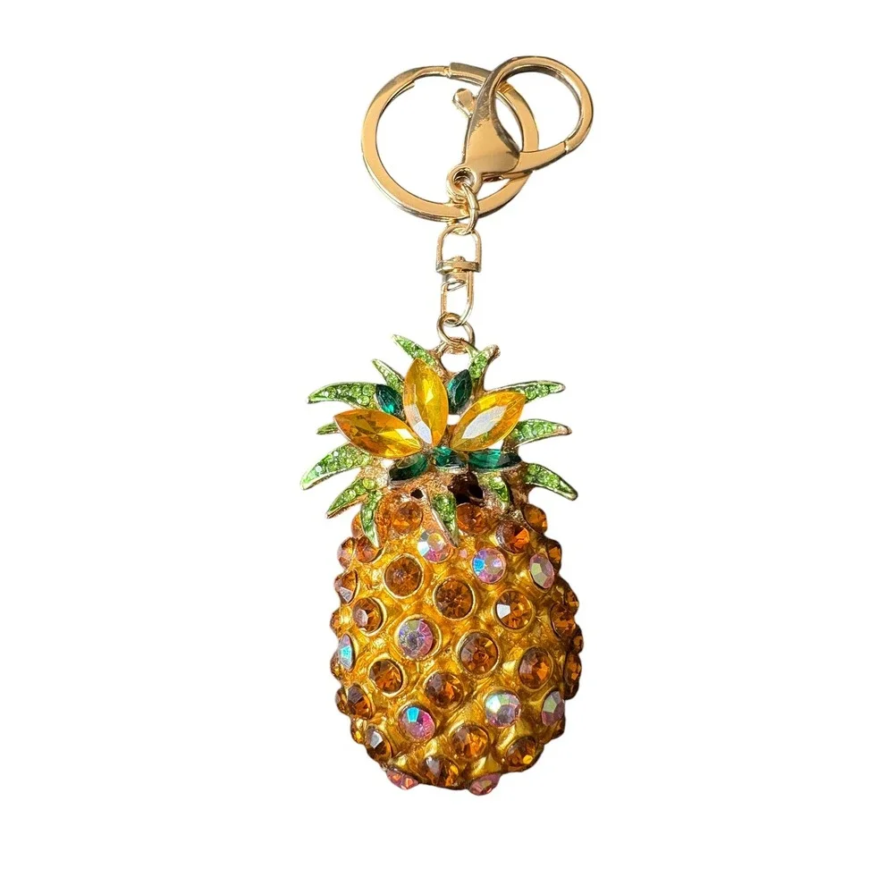 Rhinestone Pineapple Keychain Gold Tone Crystal Fruit Purse Charm Bag Charm